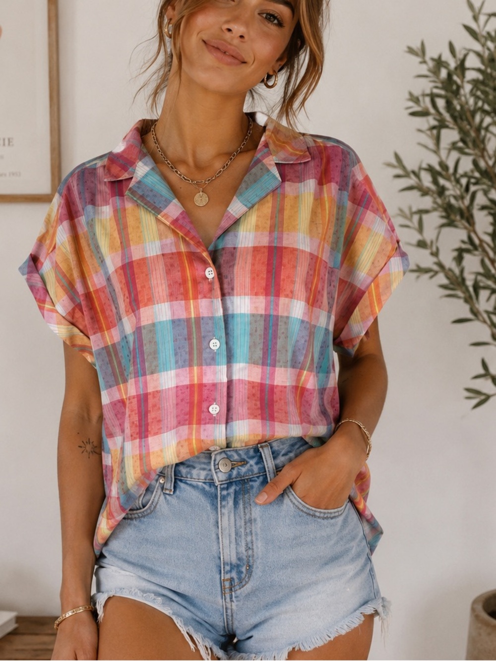 Vintage Early 90's Koret Plaid Pastel Plaid Camp Shirt Short Sleeve Top Sz 16, L